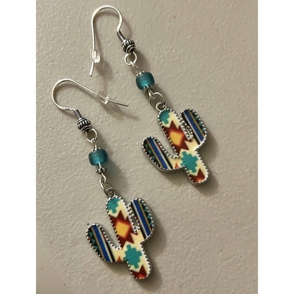 Fun Silver Tone Cactus Enamel‎ Turquoise Green Bead Dangle Earrings Handmade NEW - Picture 5 of 6